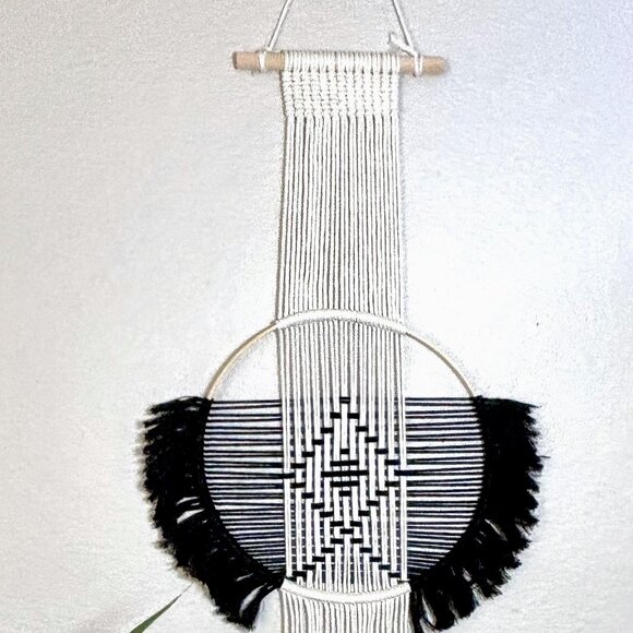 Woven Macrame Black Beige Boho Contemporary Diamond Geometric Wall Hanging New - Picture 2 of 6
